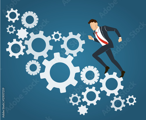 Businessman running with gears and high grape background vector