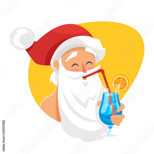 Vector cartoon style illustration of Santa with cocktail.