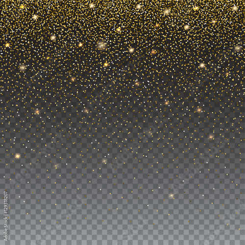 Brilliant, golden and sparkling dust particles on transparent background. The falling, glittering golden rain or snowfall, ready background template for greeting card, Christmas invitation or cover