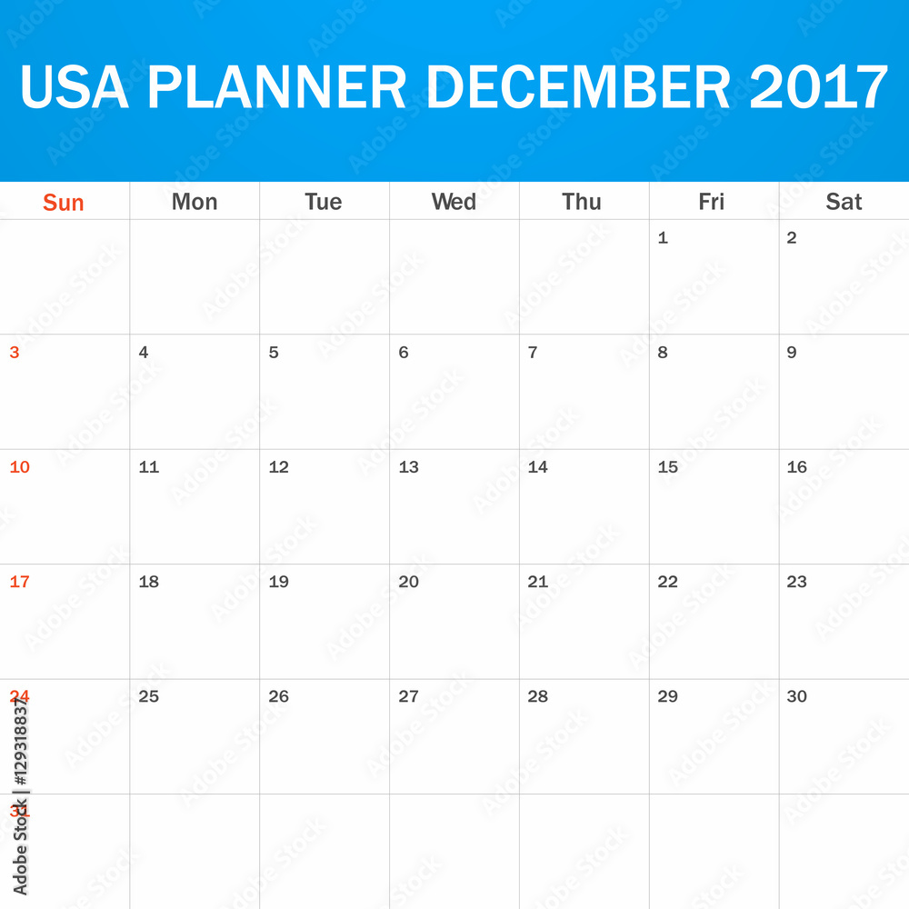 gas accumuleren musical USA Planner blank for December 2017. Scheduler, agenda or diary template.  Week starts on Sunday Stock Vector | Adobe Stock