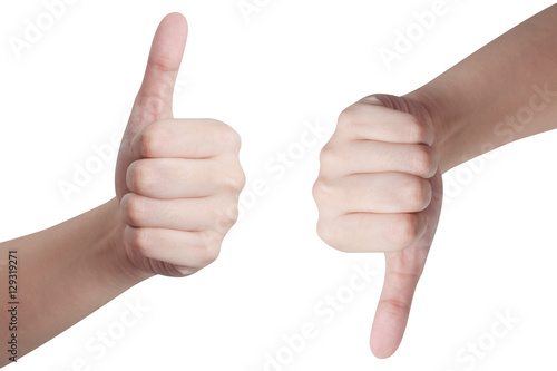 hands showing thumbs up and down isolated on white background