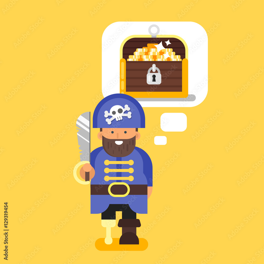 Vector flat style illustration of pirate and treasure chest. 