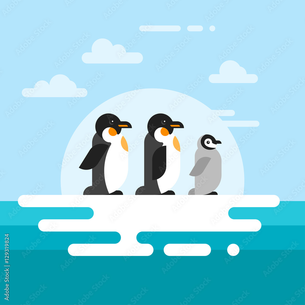 Obraz premium Vector flat style illustration of penguins on the glacier