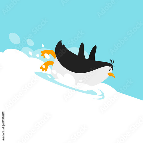 Vector flat style illustration of penguin sliding on the glacier. 