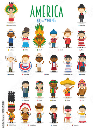 Kids and nationalities of the world vector: America. Set of 25 characters dressed in different national costumes.