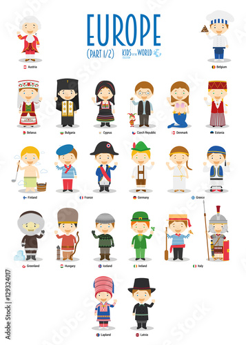 Kids and nationalities of the world vector: Europe Set 1 of 2. Set of 22 characters dressed in different national costumes.