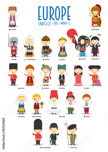 Kids and nationalities of the world vector: Europe Set 2 of 2. Set of 22 characters dressed in different national costumes.