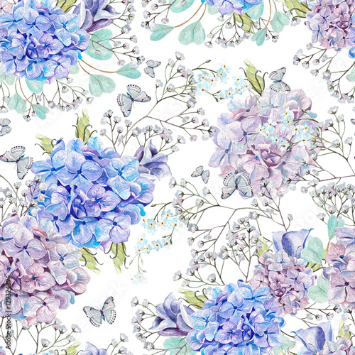 Beautiful watercolor pattern with eucalyptus branches and hydrangea flowers, eustomiya, wildflowers.  Illustrations. photo