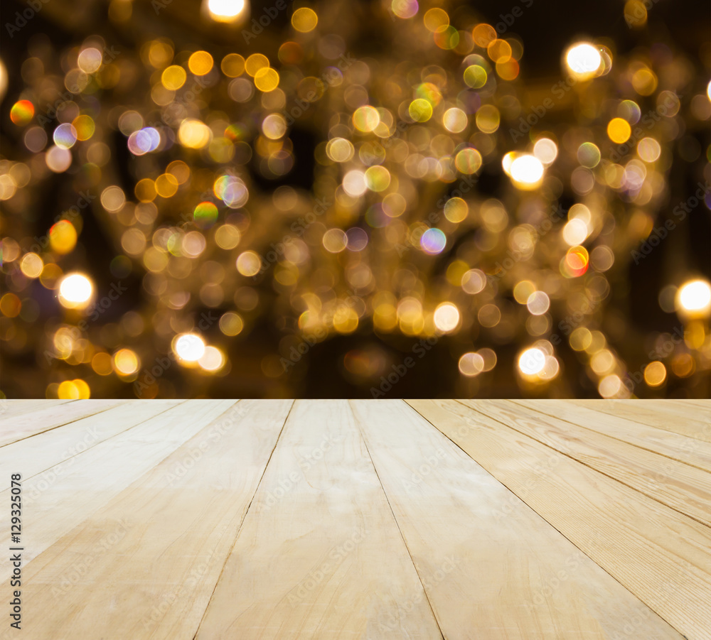 Jointed wood table top on Xmas bokeh light background Jointed wood table top on Xmas bokeh light background