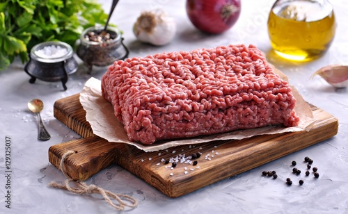 Raw Minced beef on a cutting board.