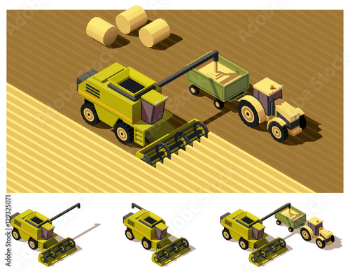Vector isometric low poly combine harvester mowing
