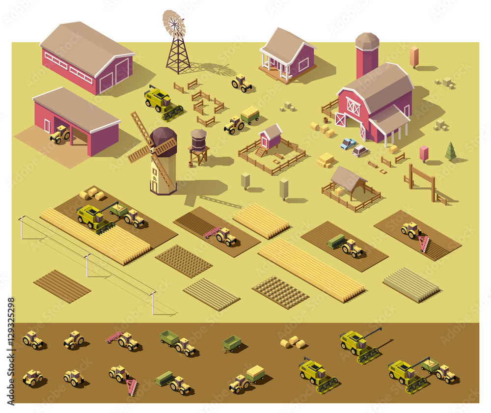 Vector isometric low poly farm elements