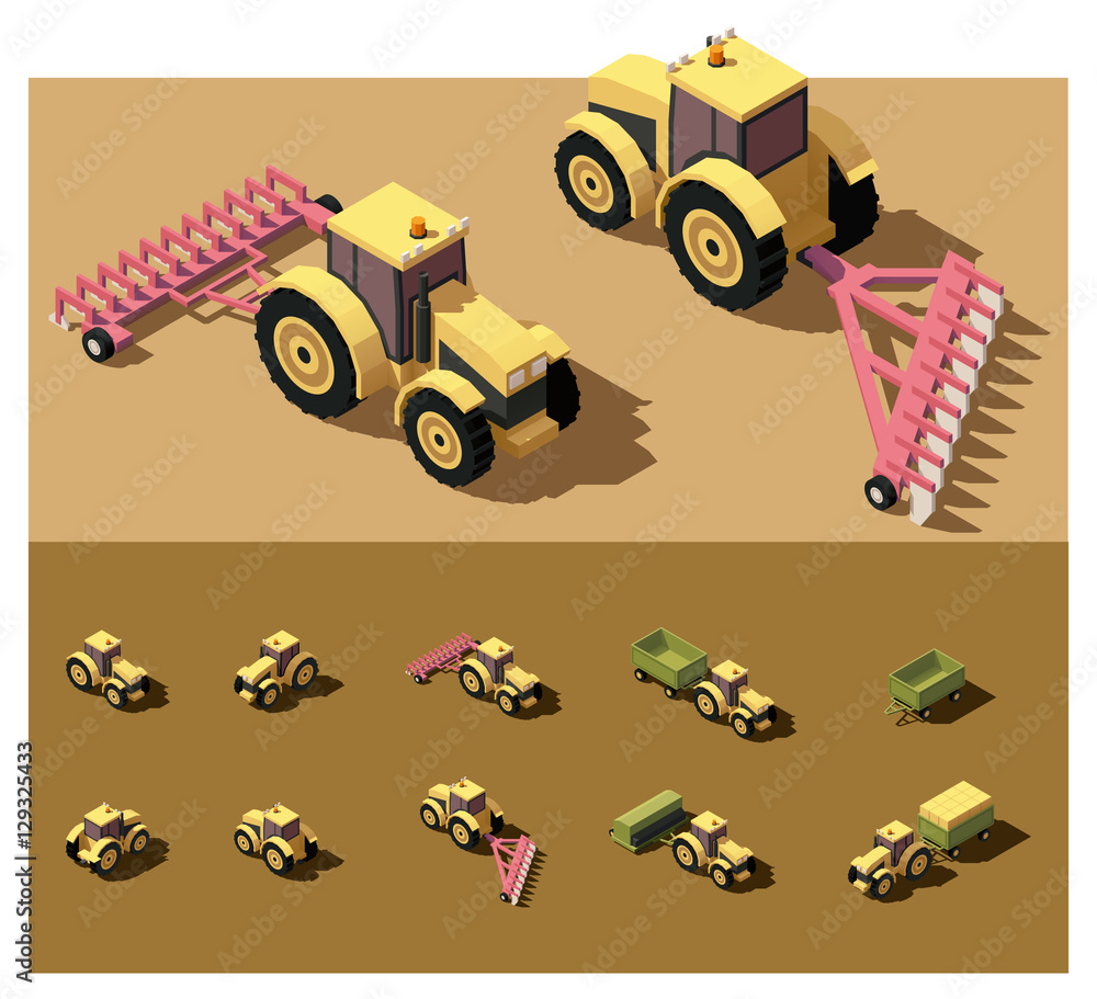 Naklejka premium Vector isometric low poly tractor