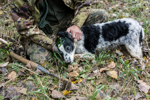 Man and dog hunting for black truffle in the woods of Tuscany, S photo