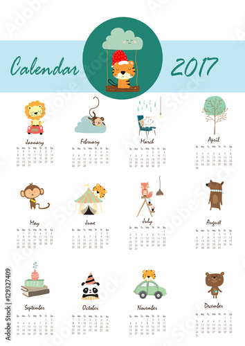 colorful cute monthly calendar 2017 with lion tiger panda tree a