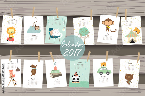 colorful cute monthly calendar 2017 with lion,tiger,panda,tree a