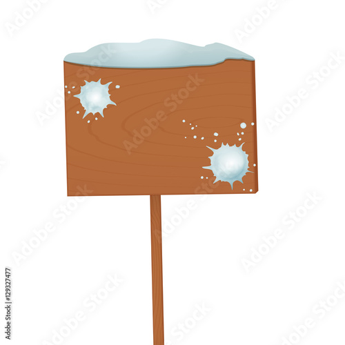 Empty wooden sign with snow cap and snowballs thrown at a wood isolated on white background with copy space