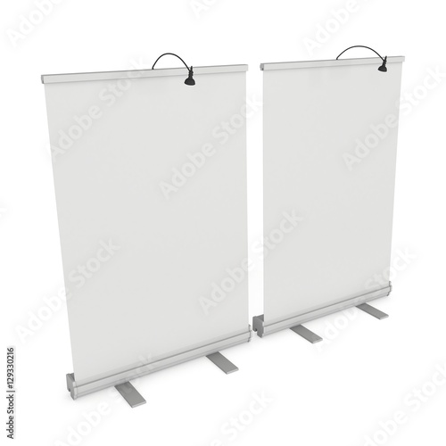 Wallpaper Mural Blank Roll Up Banner Stand. Trade show booth white and blank. 3d render isolated on white background. High Resolution Template for your design. Torontodigital.ca