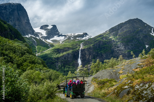 Briksdalsbreen glacier troll car excursion. Briksdal, Norway.