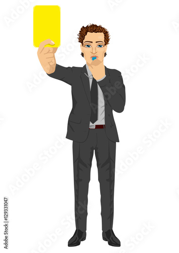businessman referee showing yellow card warning blowing whistle