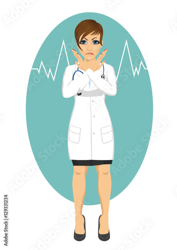 serious female doctor with crossing arms says no