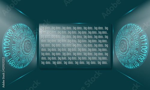 Two abstract circles with binary code and glass panel with the w