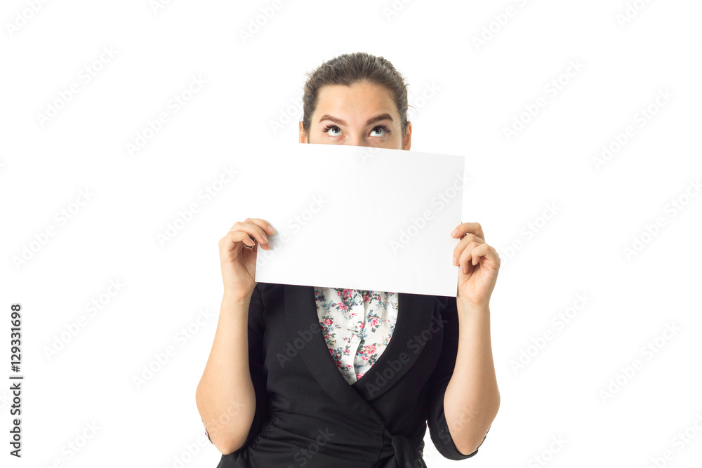 woman in uniform with white placard in hands