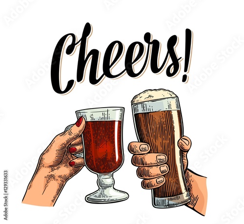 Female and male hands holding and clinking with two glasses beer and mulled wine.