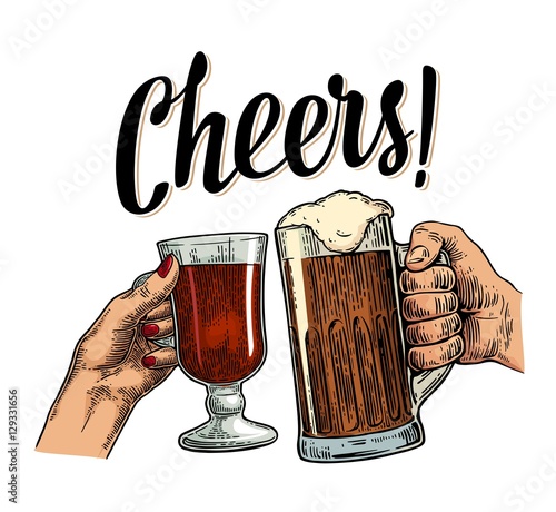 Female and male hands holding and clinking with two glasses beer and mulled wine.