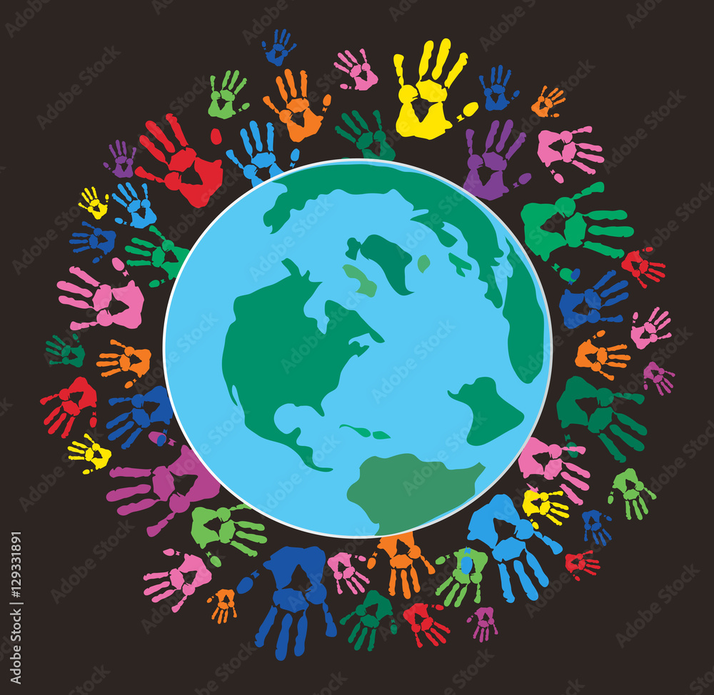 Colorful Hand prints around the earth vector