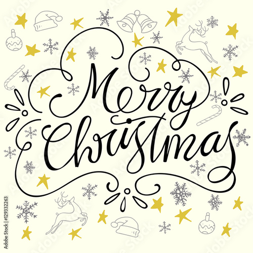 Merry Christmas and Happy New Year. Vector Illustration with Hand Lettered Text and Hand Drawn Illustrations.