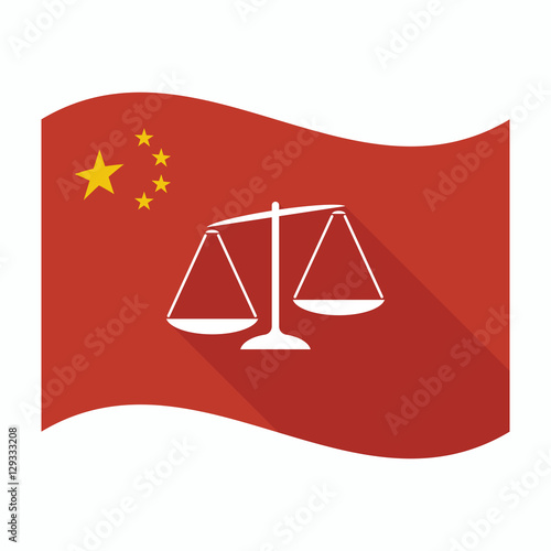 Isolated China flag with  an unbalanced weight scale