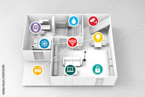 Internet of things , iot , smart home , network connect concept. 3D rendering of room and furniture,wifi,smart watch,light,security,movie,car,temperature,smart watch,security camera controller icons