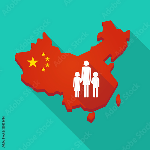 Long shadow China map with a female single parent family pictogr