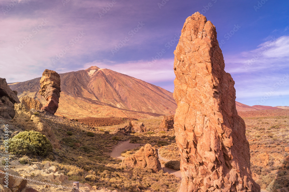 Scenic view of Roques del Garcia stone and Teide volcano in the Teide National Park, Tenerife, Canary Islands, Spain.