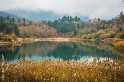 Autumn landscape with green waters of lake Tsivlos, Peloponnese, photo