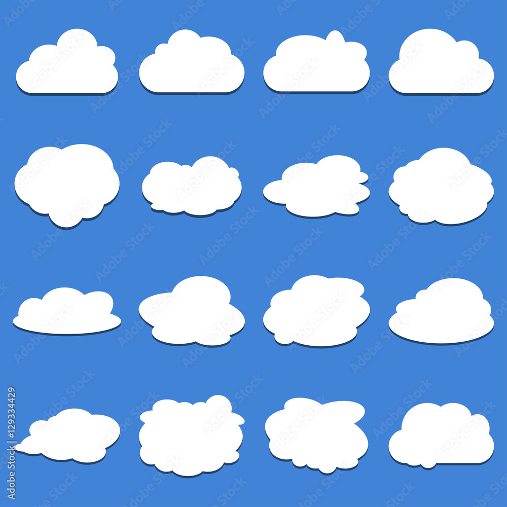 Set of white color Cloud vector icon set with shadow on royal bl