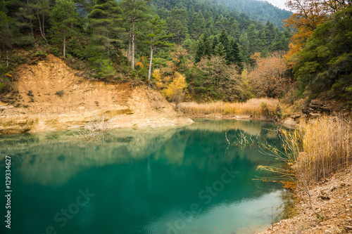 Autumn landscape with green waters of lake Tsivlos, Peloponnese, photo