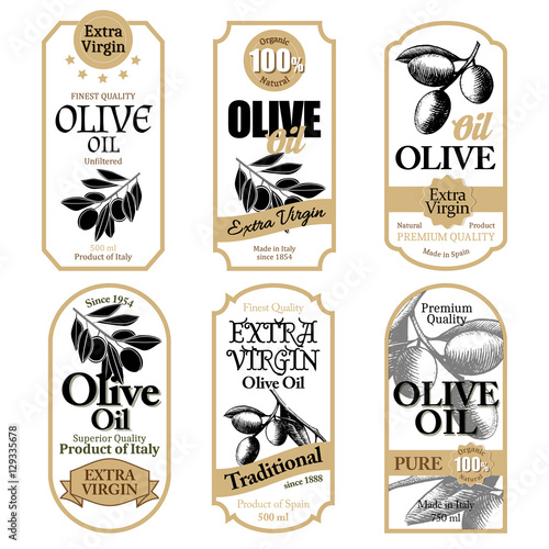 Set of white olive oil labels with hand drawn details