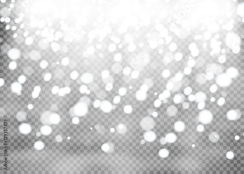 Vector falling snow effect isolated on transparent background with blurred bokeh.
