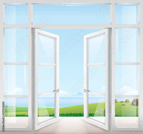 Door with window to the terrace overlooking the sea and a beautiful landscape. Clear glass. Vector graphics