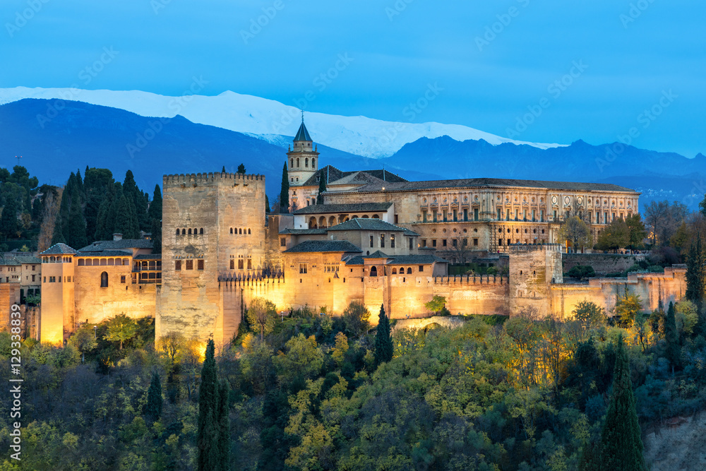 Illuminated Alhambra fortress in Granada