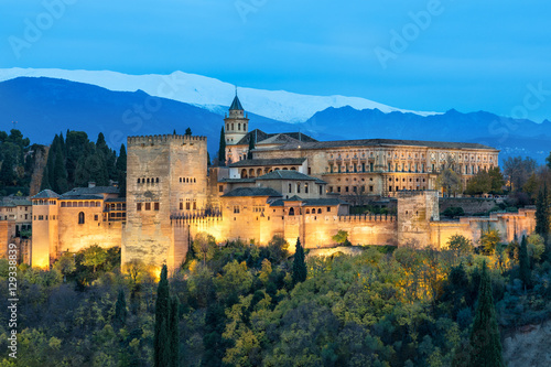Illuminated Alhambra fortress in Granada