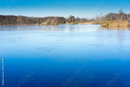 Ice on the lake by sunny day. Big blue surface with trees and re