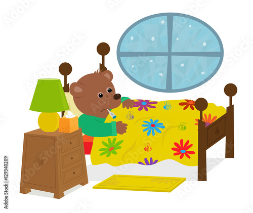Sick Teddy Bear - Cute bear is laying in his bed with a thermometer in his mouth. Eps10