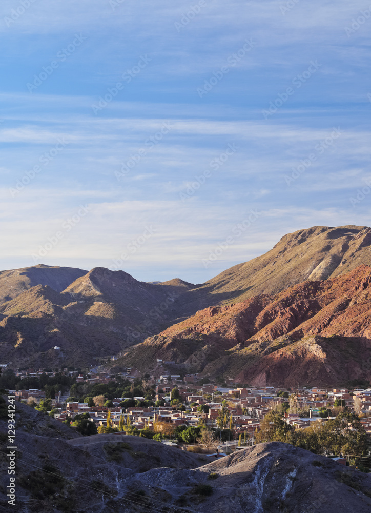 Bolivia, Potosi Department, Sud Chichas Province, Tupiza, Landscape of the mountains and the city of Tupiza viewed from the Mirador Corazon de Jesus.