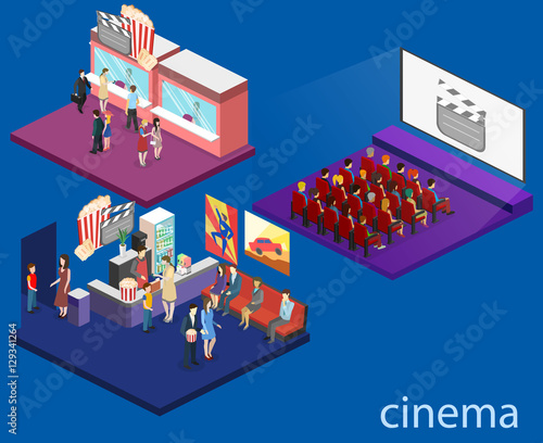 Isometric flat 3D concept vector interior of cinema hall.