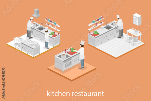 Isometric flat 3D interior of professional restaurant kitchen