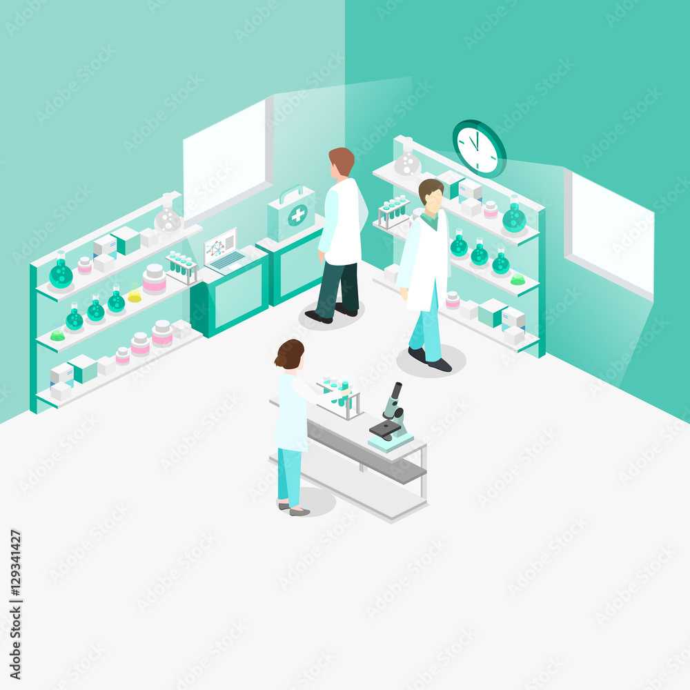 Isometric flat 3D concept vector interior of science laboratory. Isometric flat 3D concept vector interior of science laboratory.