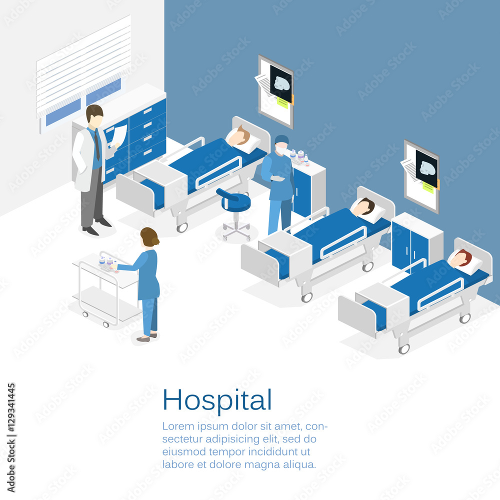 Isometric flat interior of hospital room. Doctors treating the patient. Isometric flat interior of hospital room. Doctors treating the patient.